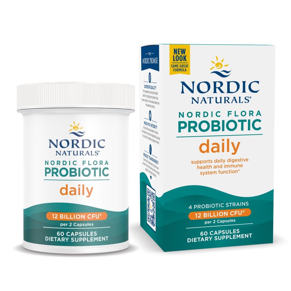 Nordic Naturals Nordic Flora Probiotic Daily - 60 Capsules - 4 Probiotic Strains with 12 Billion Cultures - Optimal Wellness, Immune Support, Digestive Health - Non-GMO, Vegan - 30 Servings - TrustMedUSA