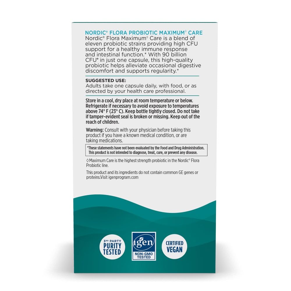 Nordic Naturals Nordic Flora Probiotic Maximum Care, 30 Capsules, 11 Probiotic Strains for Daily Immune and Digestive Health Support, Vegan, 30 Servings - TrustMedUSA