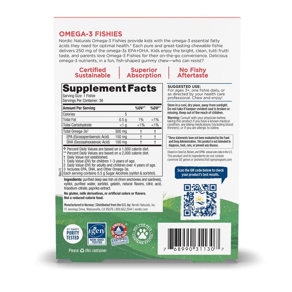 Nordic Naturals Nordic Omega-3 Fishies, Tutti Frutti - 36 Fishies - 300 mg Total Omega-3s with EPA & DHA - Healthy Brain, Mood, Vision & Immune System - Non-GMO - 36 Servings - TrustMedUSA