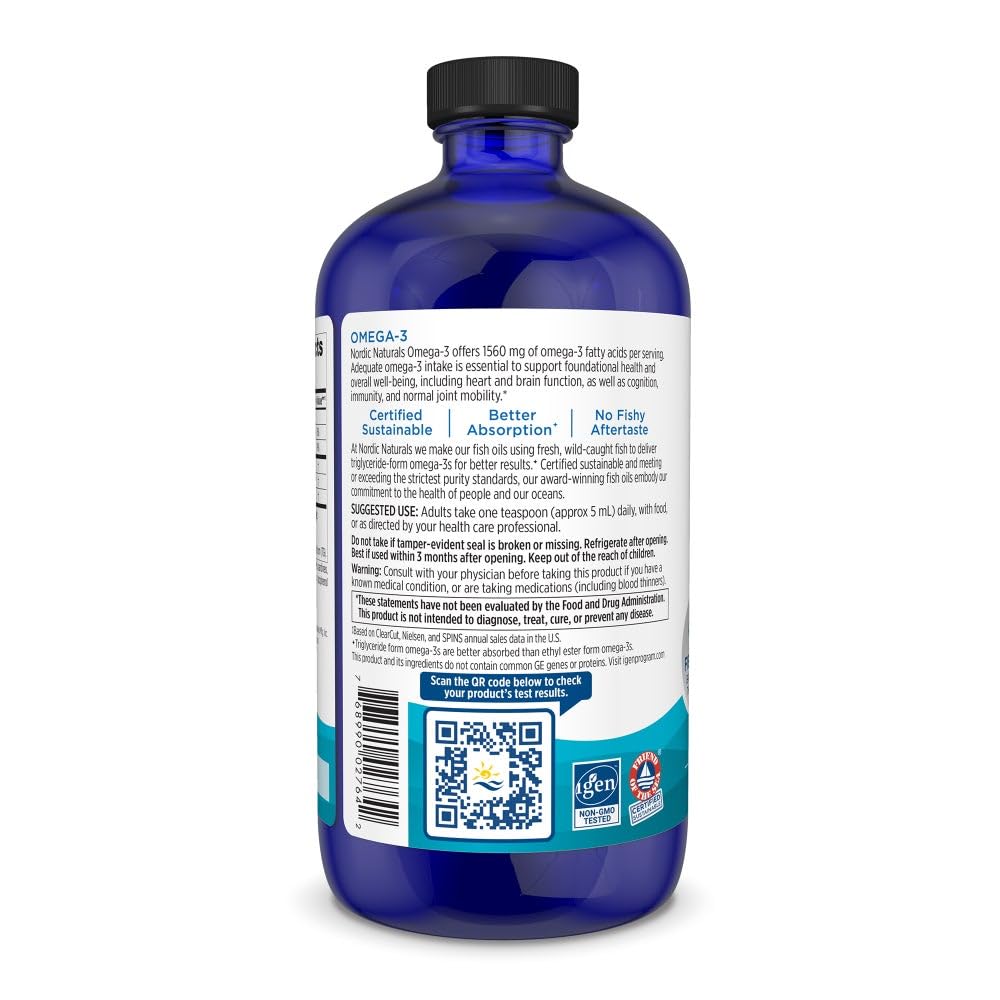 Nordic Naturals Omega-3, Lemon Flavor - 16 oz - 1560 mg Omega-3 - Fish Oil - EPA & DHA - Immune Support, Brain & Heart Health, Optimal Wellness - Non-GMO - 96 Servings - TrustMedUSA