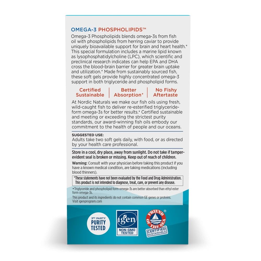Nordic Naturals Omega-3 Phospholipids, Unflavored - 60 Soft Gels - 500 mg Omega-3 & 350 mg Phospholipids - Heart & Brain Health - Small, Easy-to-Swallow Soft Gels - Non-GMO - 30 Servings - TrustMedUSA