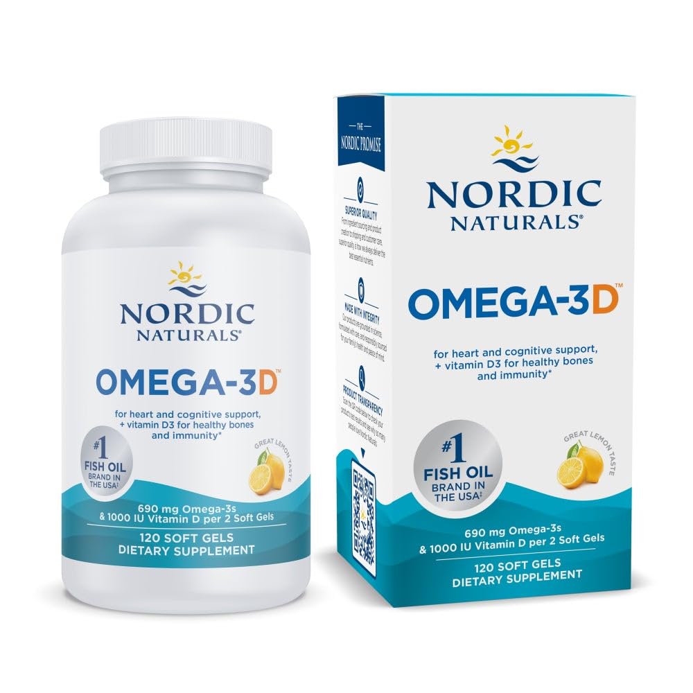 Nordic Naturals Omega-3D, Lemon Flavor - 120 Soft Gels - 690 mg Omega-3 + 1000 IU Vitamin D3 - Fish Oil - EPA & DHA - Immune Support, Brain & Heart Health, Healthy Bones - Non-GMO - 60 Servings - TrustMedUSA