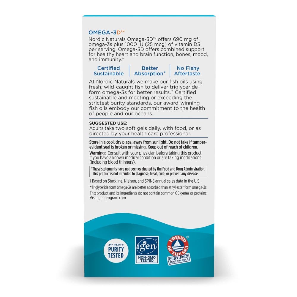 Nordic Naturals Omega-3D, Lemon Flavor - 120 Soft Gels - 690 mg Omega-3 + 1000 IU Vitamin D3 - Fish Oil - EPA & DHA - Immune Support, Brain & Heart Health, Healthy Bones - Non-GMO - 60 Servings - TrustMedUSA