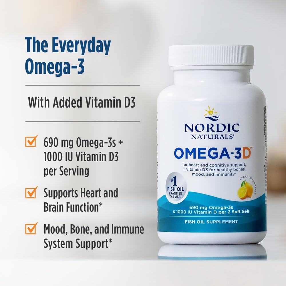 Nordic Naturals Omega-3D, Lemon Flavor - 120 Soft Gels - 690 mg Omega-3 + 1000 IU Vitamin D3 - Fish Oil - EPA & DHA - Immune Support, Brain & Heart Health, Healthy Bones - Non-GMO - 60 Servings - TrustMedUSA