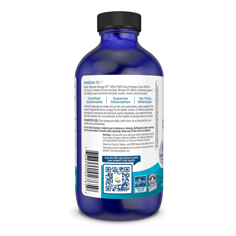 Nordic Naturals Omega-3D, Lemon Flavor - 8 oz - 1560 mg Omega-3 + 1000 IU Vitamin D3 - Fish Oil - EPA & DHA - Immune Support, Brain & Heart Health, Healthy Bones - Non-GMO - 48 Servings - TrustMedUSA