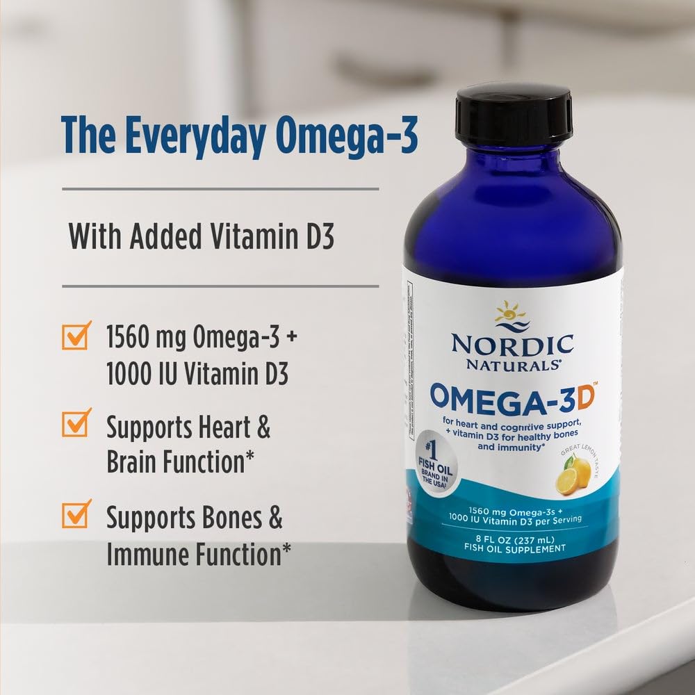 Nordic Naturals Omega-3D, Lemon Flavor - 8 oz - 1560 mg Omega-3 + 1000 IU Vitamin D3 - Fish Oil - EPA & DHA - Immune Support, Brain & Heart Health, Healthy Bones - Non-GMO - 48 Servings - TrustMedUSA