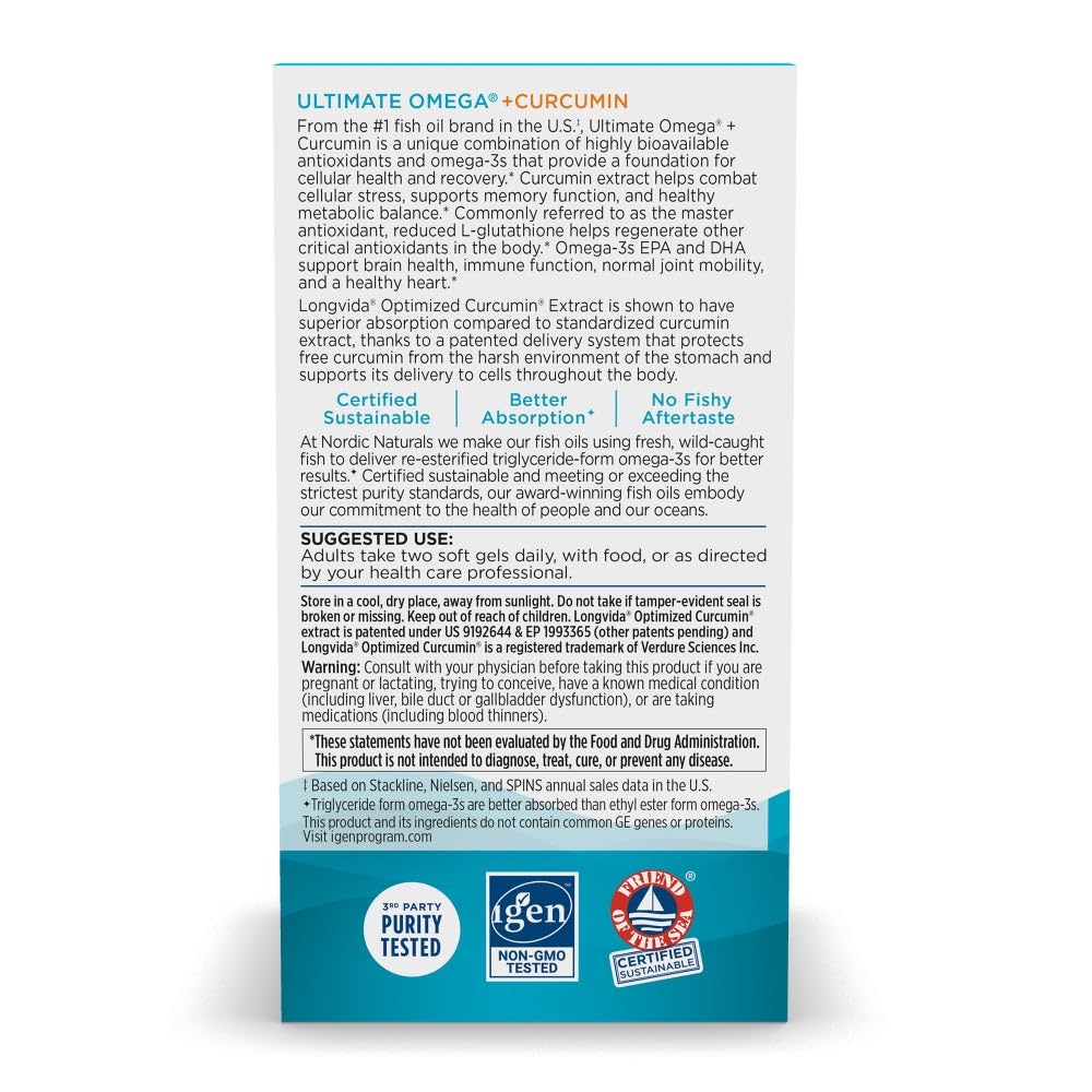 Nordic Naturals Omega Curcumin, Lemon - 60 Soft Gels - 1200 mg Omega-3 + 400 mg Optimized Curcumin - Combats Cellular Stress - Non-GMO - 30 Servings - TrustMedUSA