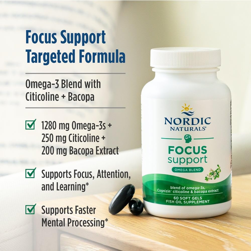 Nordic Naturals Omega Focus, Lemon - 60 Soft Gels - 1280 mg Omega-3 + Citicoline & Bacopa Monnieri Extract - Focus, Attention, Memory, Brain Health - Non-GMO - 30 Servings - TrustMedUSA