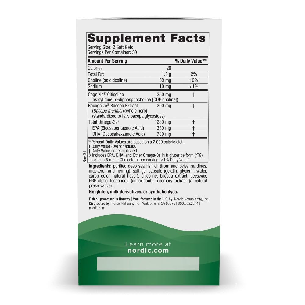 Nordic Naturals Omega Focus, Lemon - 60 Soft Gels - 1280 mg Omega-3 + Citicoline & Bacopa Monnieri Extract - Focus, Attention, Memory, Brain Health - Non-GMO - 30 Servings - TrustMedUSA