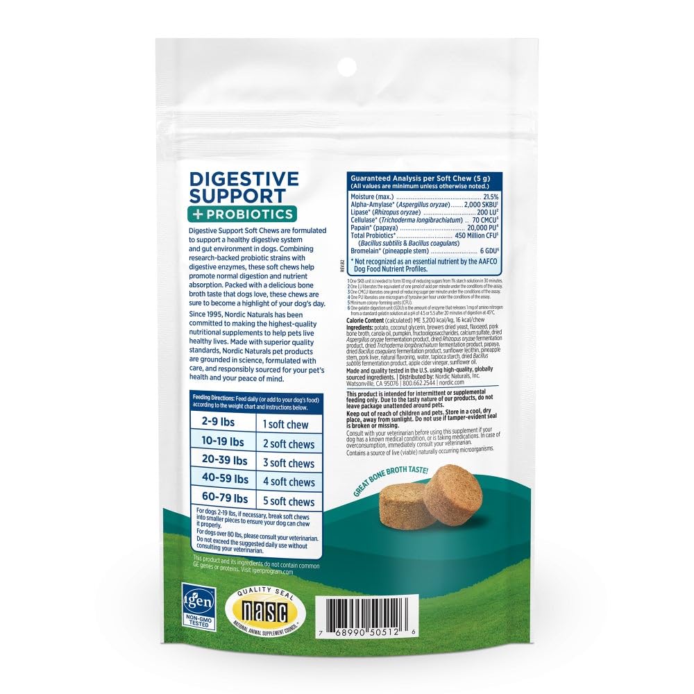 Nordic Naturals Pet Digestive Support with Probiotics, Pork Bone Broth Flavor - 30 Soft Chews - Nutritional Supplement for a Healthy Digestive System and GI Support - 30 Non-GMO Chews - TrustMedUSA
