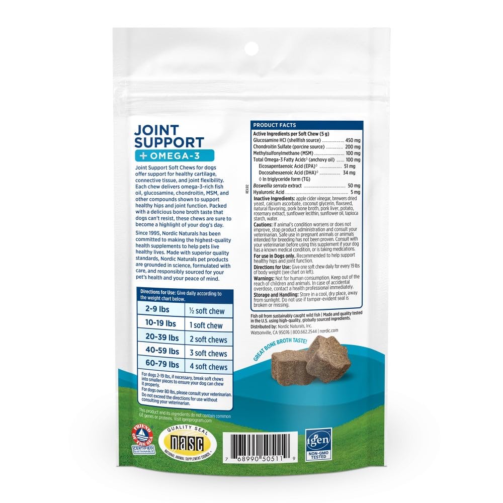 Nordic Naturals Pet Joint Support + Omega 3 Soft Chews for Dogs, Pork Bone Broth Flavored - Promotes Mobility, Hip and Joint Support with Omega-3 Fish Oil, MSM, EPA & DHA - 30 Non-GMO Chews - TrustMedUSA