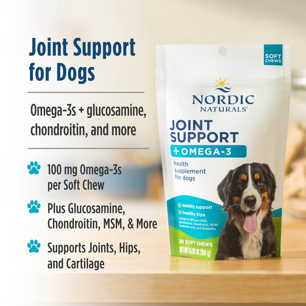 Nordic Naturals Pet Joint Support + Omega 3 Soft Chews for Dogs, Pork Bone Broth Flavored - Promotes Mobility, Hip and Joint Support with Omega-3 Fish Oil, MSM, EPA & DHA - 30 Non-GMO Chews - TrustMedUSA