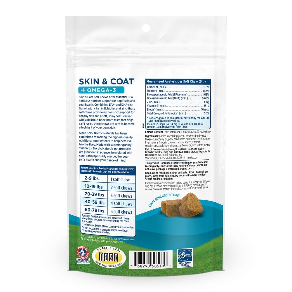 Nordic Naturals Pet Skin & Coat Soft Chews with Omega-3-30 Pork Bone Broth Flavored Soft Chews - Nutritional Support for Healthy Skin & a Soft and Shiny Coat - Non-GMO and IFOS Certified - TrustMedUSA