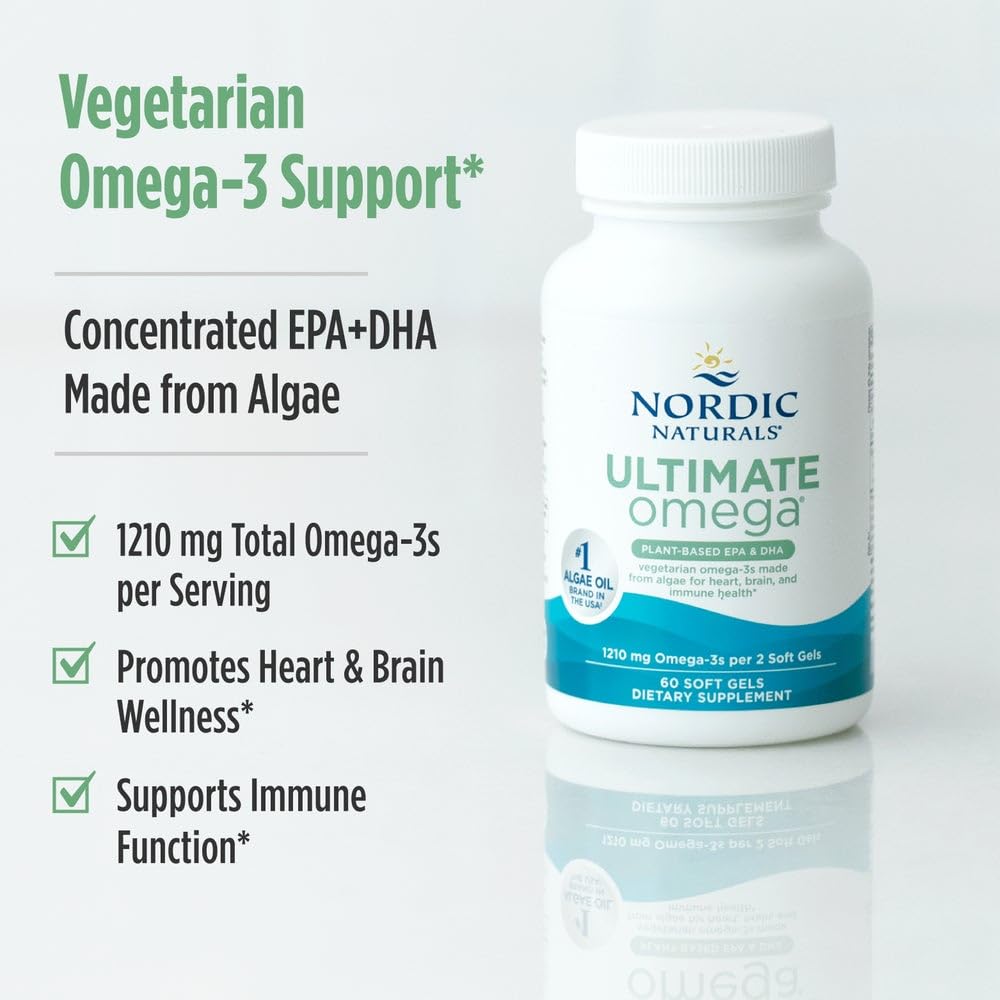 Nordic Naturals Plant Based Ultimate Omega, Lemon Flavor - 60 Vegetarian Soft Gels - 1210 mg Omega-3 - Vegan EPA and DHA - Supplement Made from Algae - Brain & Heart Support - Non-GMO - 30 Servings - TrustMedUSA