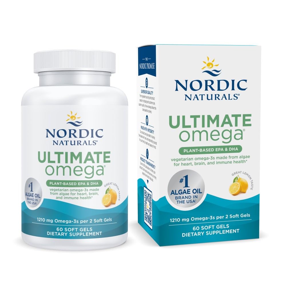 Nordic Naturals Plant Based Ultimate Omega, Lemon Flavor - 60 Vegetarian Soft Gels - 1210 mg Omega-3 - Vegan EPA and DHA - Supplement Made from Algae - Brain & Heart Support - Non-GMO - 30 Servings - TrustMedUSA