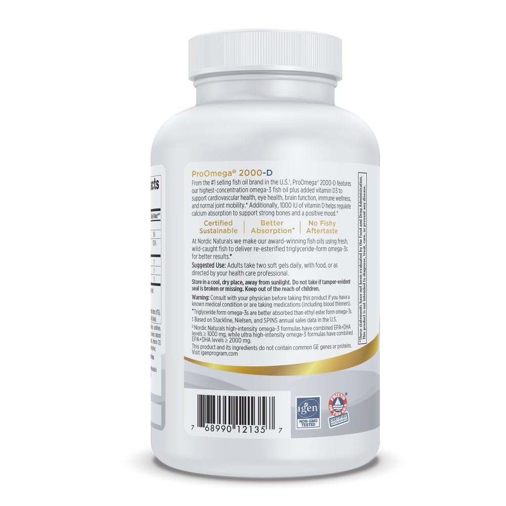 Nordic Naturals ProOmega 2000-D, Lemon Flavor - 120 Soft Gels - 2150 mg Omega-3 + 1000 IU D3 - Ultra High-Potency Fish Oil - EPA & DHA - Brain, Heart, & Immune Health - Non-GMO - 60 Servings - TrustMedUSA