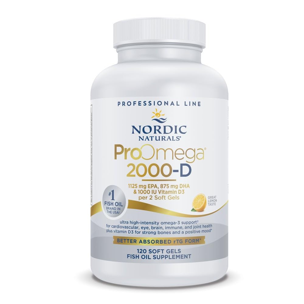 Nordic Naturals ProOmega 2000-D, Lemon Flavor - 120 Soft Gels - 2150 mg Omega-3 + 1000 IU D3 - Ultra High-Potency Fish Oil - EPA & DHA - Brain, Heart, & Immune Health - Non-GMO - 60 Servings - TrustMedUSA