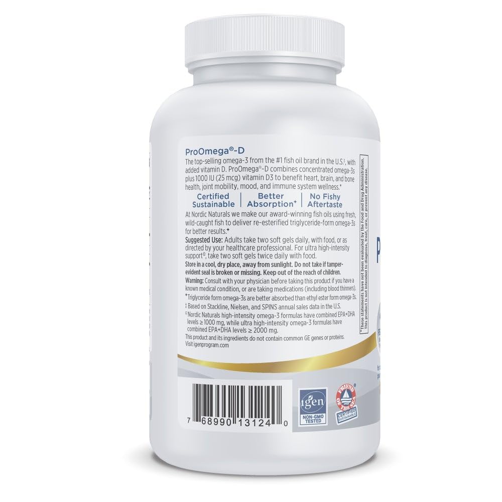 Nordic Naturals ProOmega-D, Lemon Flavor - 120 Soft Gels - 1280 mg Omega-3 + 1000 IU D3 - High-Potency Fish Oil - EPA & DHA - Brain, Eye, Heart, & Immune Health - Non-GMO - 60 Servings - TrustMedUSA