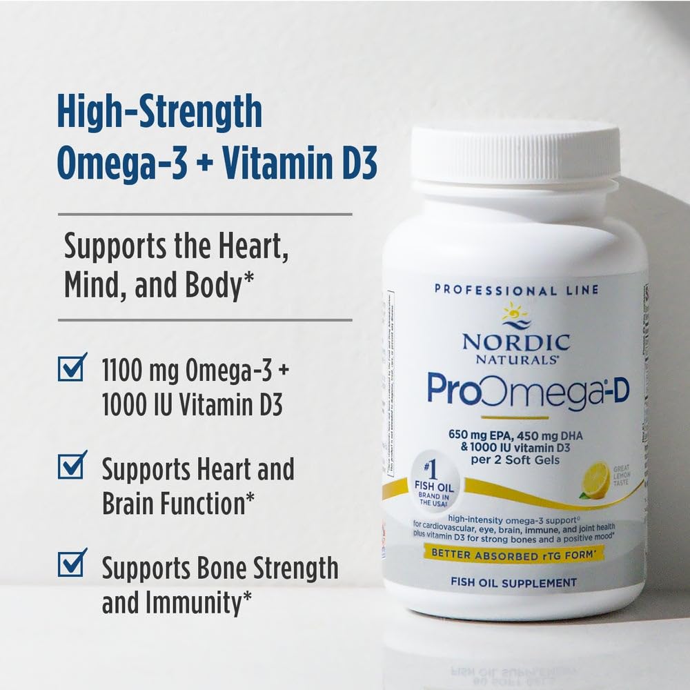 Nordic Naturals ProOmega-D, Lemon Flavor - 120 Soft Gels - 1280 mg Omega-3 + 1000 IU D3 - High-Potency Fish Oil - EPA & DHA - Brain, Eye, Heart, & Immune Health - Non-GMO - 60 Servings - TrustMedUSA