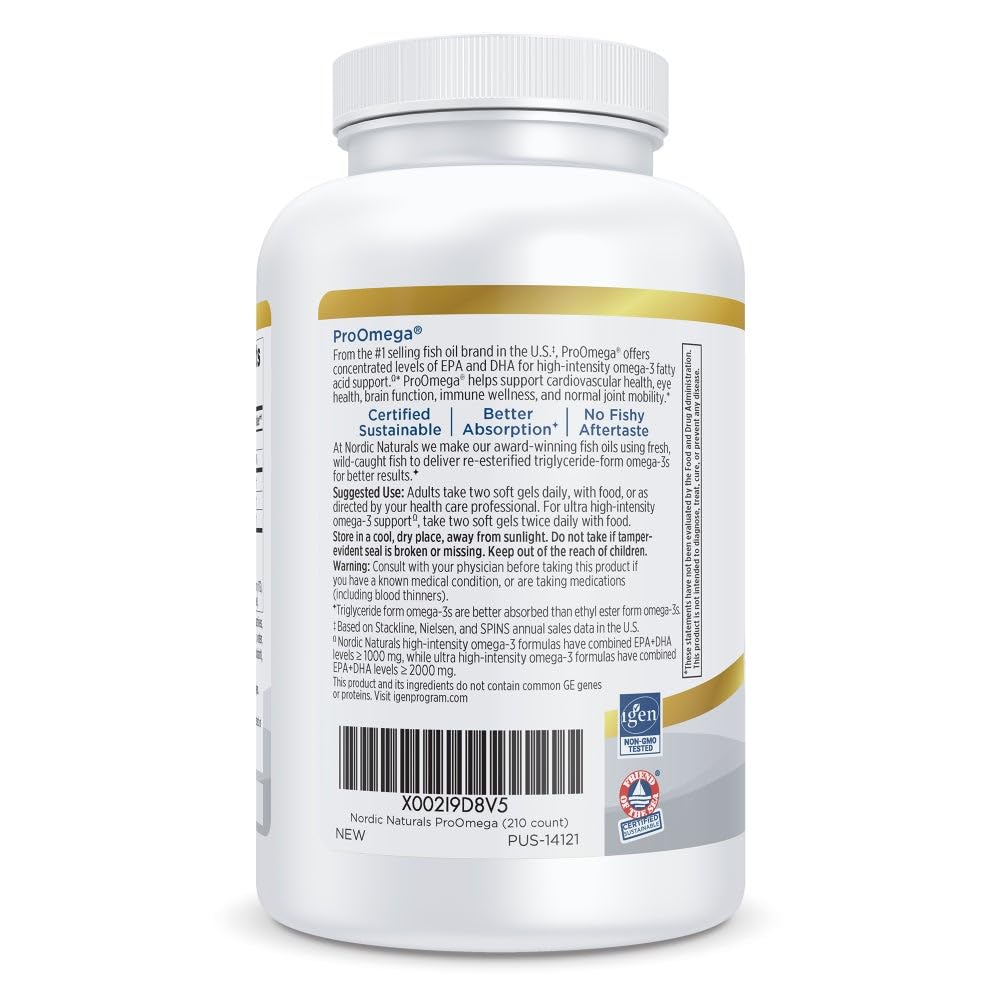 Nordic Naturals ProOmega, Lemon Flavor - 210 Soft Gels - 1000 mg Omega-3 - High-Potency Fish Oil with EPA & DHA - Promotes Brain, Eye, Heart, & Immune Health - Non-GMO - 105 Servings - TrustMedUSA