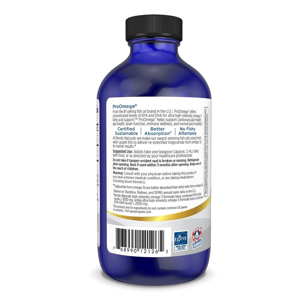 Nordic Naturals ProOmega Liquid, Lemon Flavor - 8 oz - 2840 mg Omega-3 - High Potency Fish Oil with EPA & DHA - Promotes Brain, Eye, Heart, & Immune Health - Non-GMO - 48 Servings - TrustMedUSA