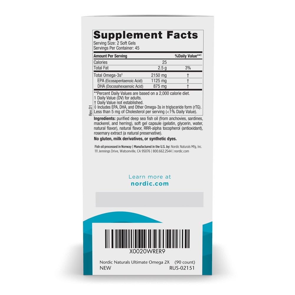 Nordic Naturals Ultimate Omega 2X, Lemon Flavor - 90 Soft Gels - 2150 mg Omega- High-Potency Omega-3 Fish Oil with EPA & DHA - Promotes Brain & Heart Health - Non-GMO - 45 Servings - TrustMedUSA