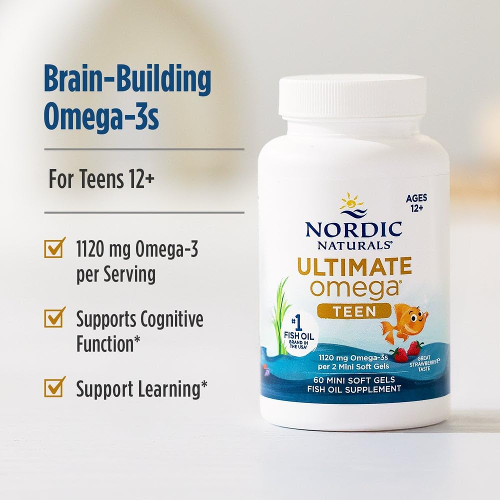 Nordic Naturals Ultimate Omega 2X Teen, Strawberry - 60 Mini Soft Gels - 1120 mg Total Omega-3s with EPA & DHA - Brain Health, Positive Mood, Social Development - TrustMedUSA