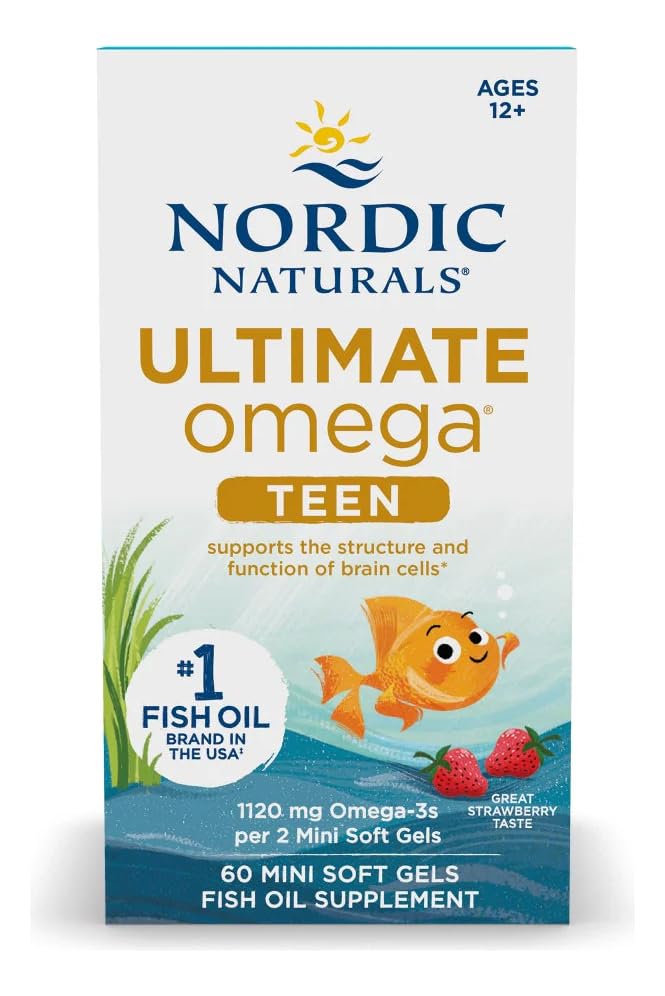Nordic Naturals Ultimate Omega 2X Teen, Strawberry - 60 Mini Soft Gels - 1120 mg Total Omega-3s with EPA & DHA - Brain Health, Positive Mood, Social Development - TrustMedUSA