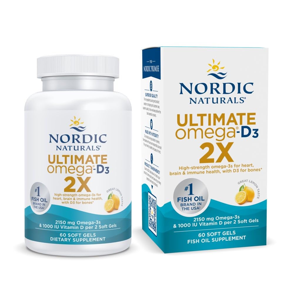 Nordic Naturals Ultimate Omega 2X with Vitamin D3, Lemon Flavor - 60 Soft Gels - 2150 mg Omega-3 + 1000 IU D3 - EPA & DHA - Brain, Heart, & Immune Health - 30 Servings - TrustMedUSA