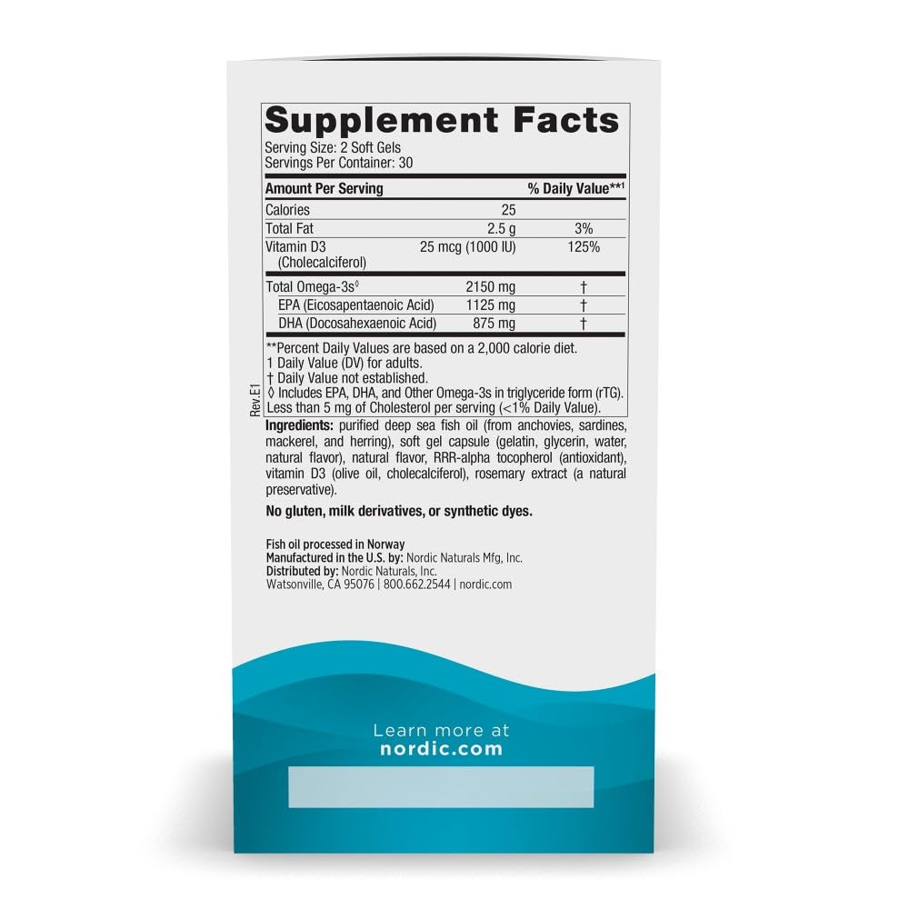 Nordic Naturals Ultimate Omega 2X with Vitamin D3, Lemon Flavor - 60 Soft Gels - 2150 mg Omega-3 + 1000 IU D3 - EPA & DHA - Brain, Heart, & Immune Health - 30 Servings - TrustMedUSA
