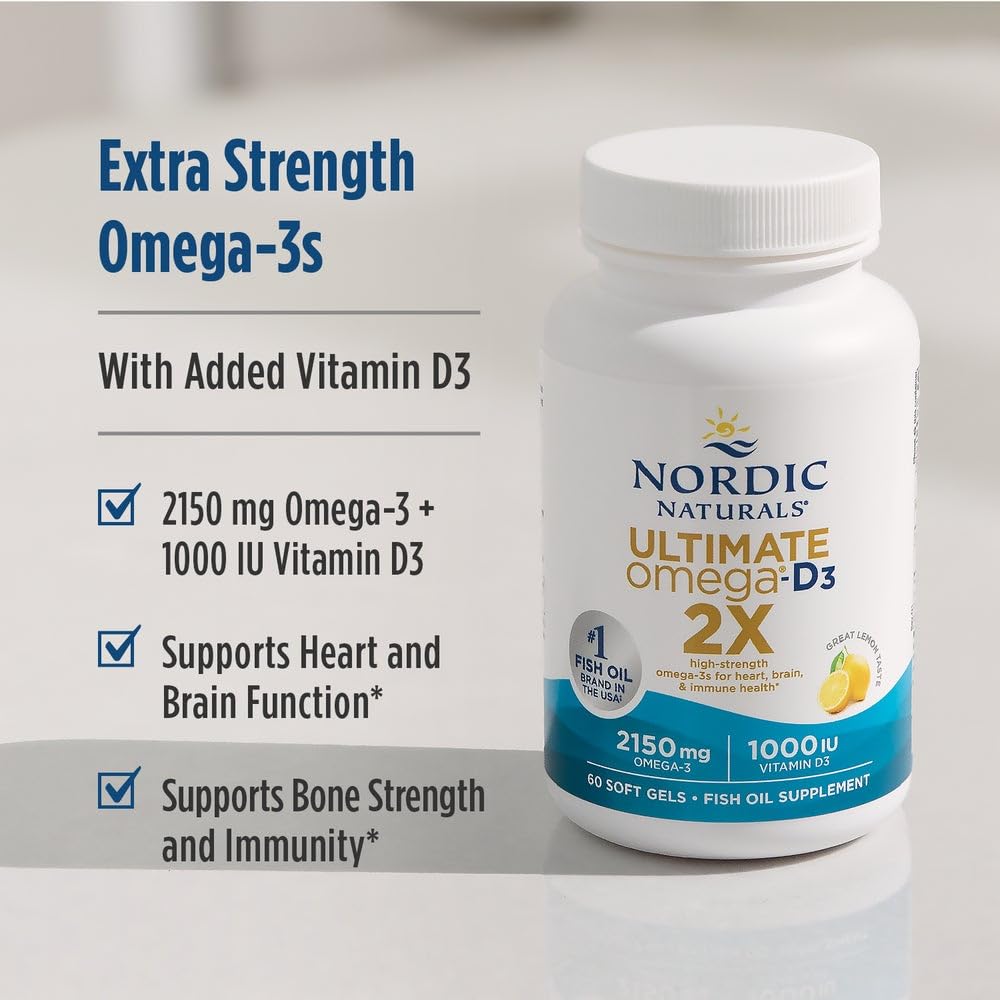 Nordic Naturals Ultimate Omega 2X with Vitamin D3, Lemon Flavor - 60 Soft Gels - 2150 mg Omega-3 + 1000 IU D3 - EPA & DHA - Brain, Heart, & Immune Health - 30 Servings - TrustMedUSA