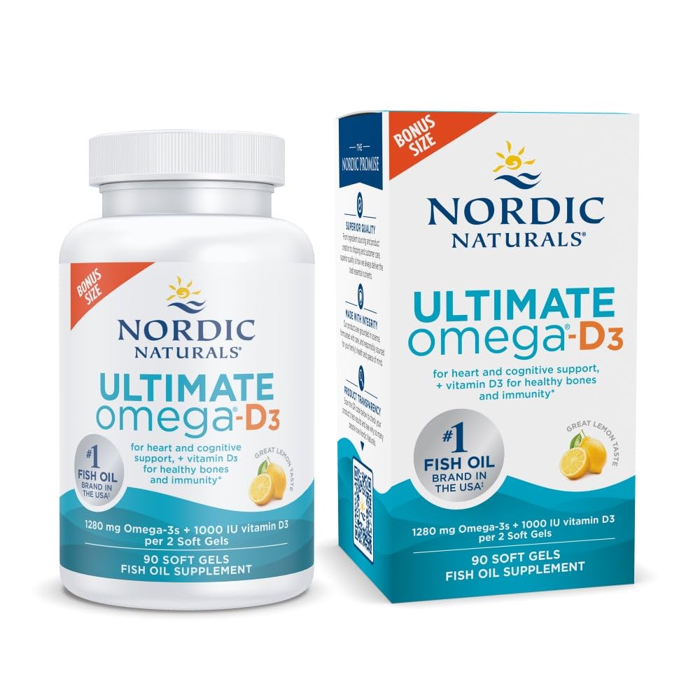 Nordic Naturals Ultimate Omega-D3, Lemon Flavor - 90 Soft Gels - 1280 mg Omega-3 + 1000 IU Vitamin D3 - EPA & DHA - Promotes Brain, Heart, & Immune Health - 45 Servings - TrustMedUSA