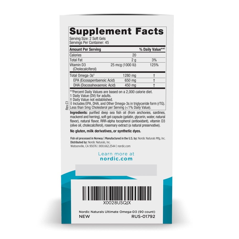 Nordic Naturals Ultimate Omega-D3, Lemon Flavor - 90 Soft Gels - 1280 mg Omega-3 + 1000 IU Vitamin D3 - EPA & DHA - Promotes Brain, Heart, & Immune Health - 45 Servings - TrustMedUSA