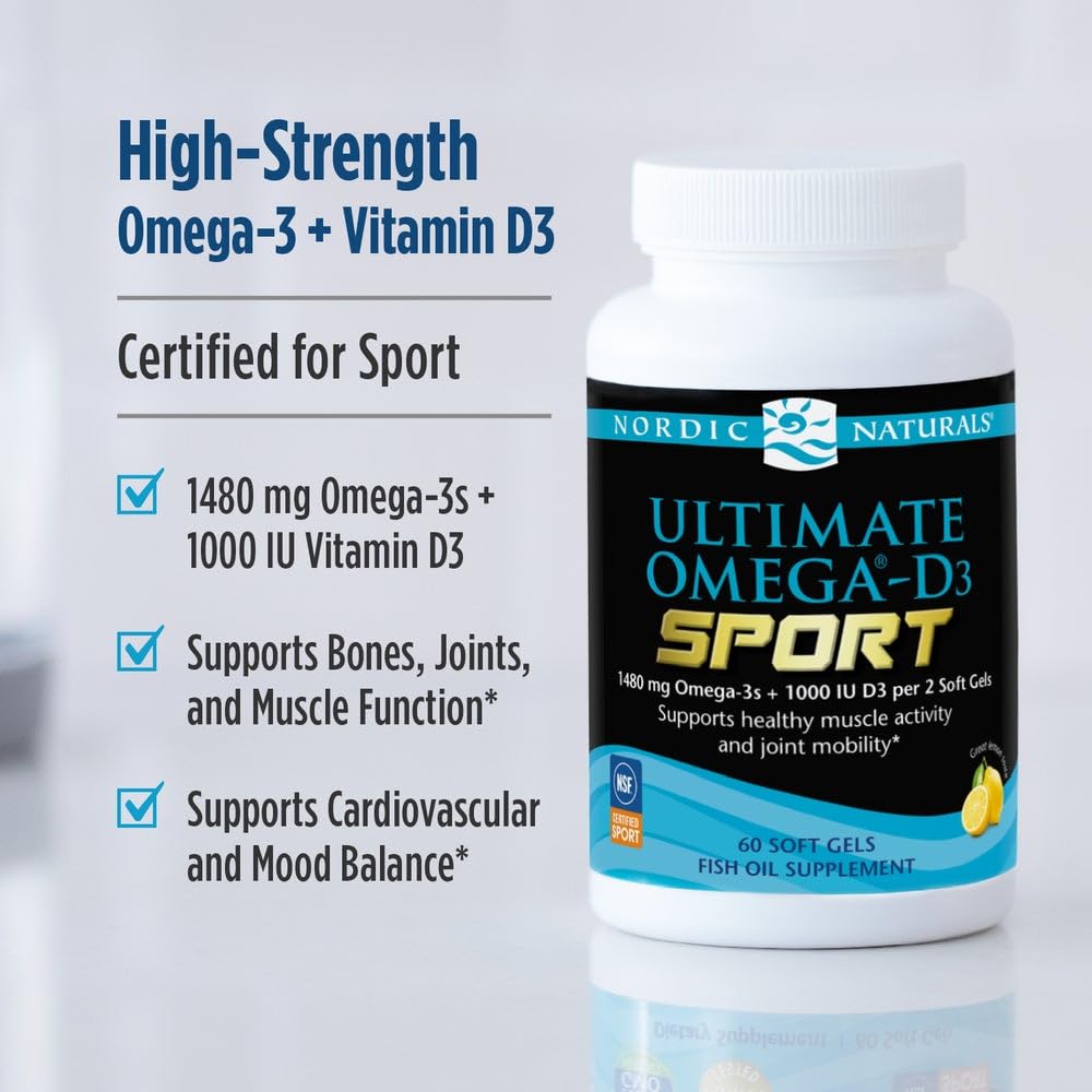 Nordic Naturals Ultimate Omega-D3 Sport, Lemon - 60 Soft Gels - 1480 mg Omega-3 + 1000 IU Vitamin D3 - NSF Certified - Supports Muscle, Bones, Focus & Endurance - 30 Servings - TrustMedUSA