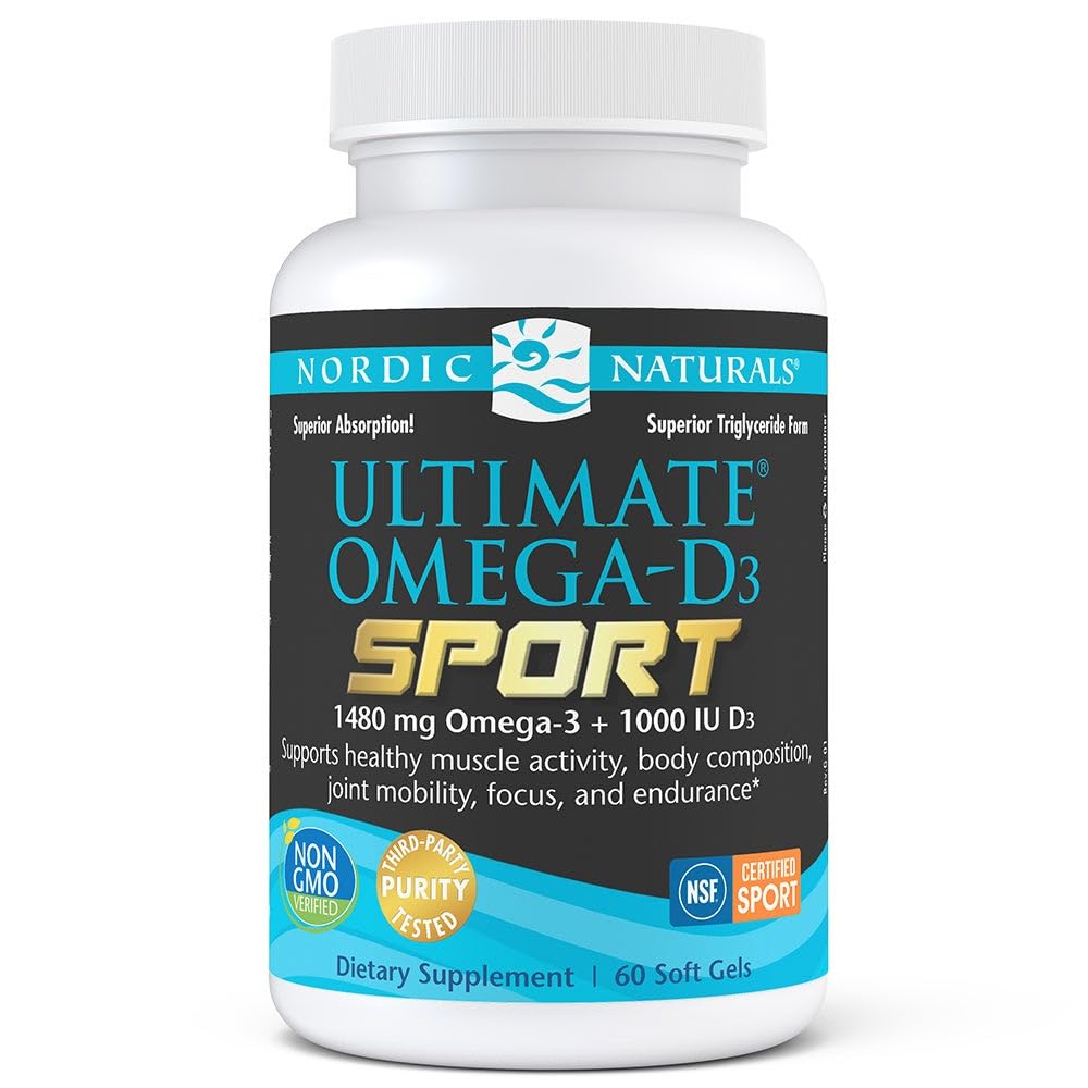 Nordic Naturals Ultimate Omega-D3 Sport, Lemon - 60 Soft Gels - 1480 mg Omega-3 + 1000 IU Vitamin D3 - NSF Certified - Supports Muscle, Bones, Focus & Endurance - 30 Servings - TrustMedUSA