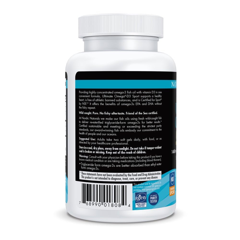 Nordic Naturals Ultimate Omega-D3 Sport, Lemon - 60 Soft Gels - 1480 mg Omega-3 + 1000 IU Vitamin D3 - NSF Certified - Supports Muscle, Bones, Focus & Endurance - 30 Servings - Maple Wellness Supplements