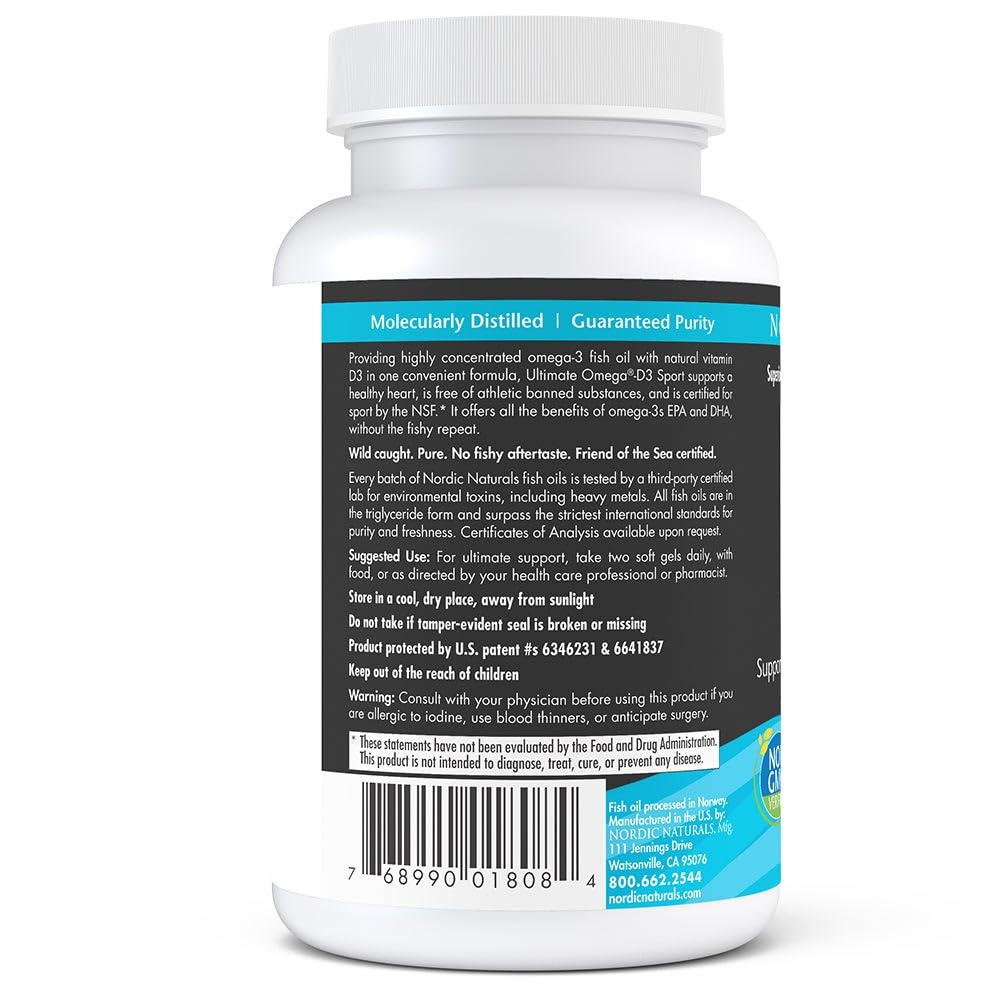 Nordic Naturals Ultimate Omega-D3 Sport, Lemon - 60 Soft Gels - 1480 mg Omega-3 + 1000 IU Vitamin D3 - NSF Certified - Supports Muscle, Bones, Focus & Endurance - 30 Servings - TrustMedUSA