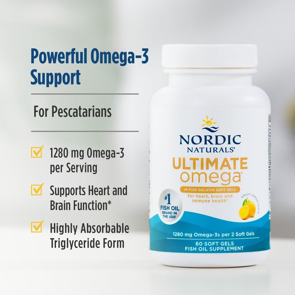 Nordic Naturals Ultimate Omega in Fish Gelatin, Lemon Flavor - 60 Soft Gels - 1280 mg Omega-3 - High-Potency Fish Oil Supplement - EPA & DHA - Promotes Brain & Heart Health - Non-GMO - 30 Servings - TrustMedUSA