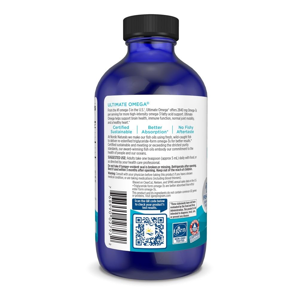 Nordic Naturals Ultimate Omega Liquid, Lemon Flavor - 8 oz - 2840 mg Omega-3 - High-Potency Fish Oil Supplement with EPA & DHA - Promotes Brain & Heart Health - Non-GMO - 48 Servings - TrustMedUSA