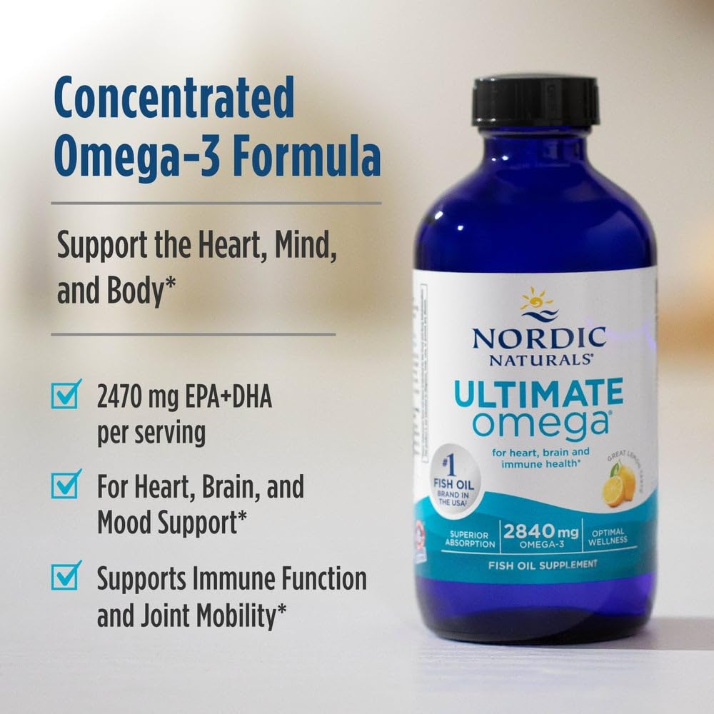 Nordic Naturals Ultimate Omega Liquid, Lemon Flavor - 8 oz - 2840 mg Omega-3 - High-Potency Fish Oil Supplement with EPA & DHA - Promotes Brain & Heart Health - Non-GMO - 48 Servings - TrustMedUSA