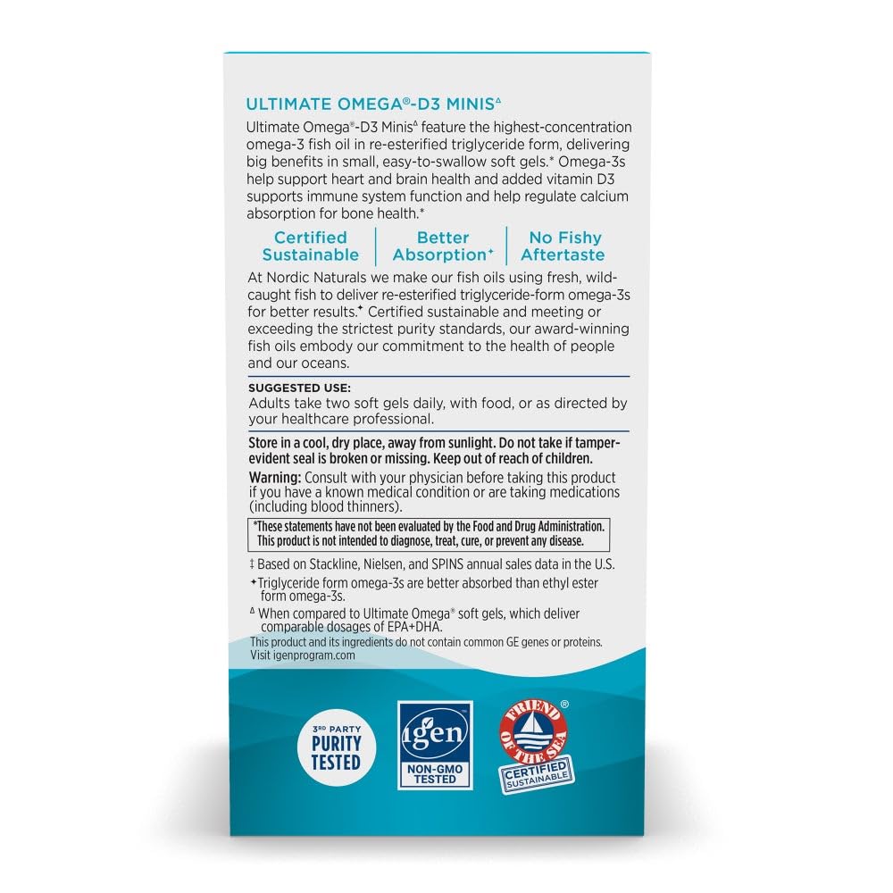 Nordic Naturals Ultimate Omega Mini D3, Lemon Flavor - 60 Mini Soft Gels - 1120 mg Omega-3 + 1000 IU Vitamin D3 - EPA & DHA - Promotes Brain & Heart Health - 30 Servings - TrustMedUSA