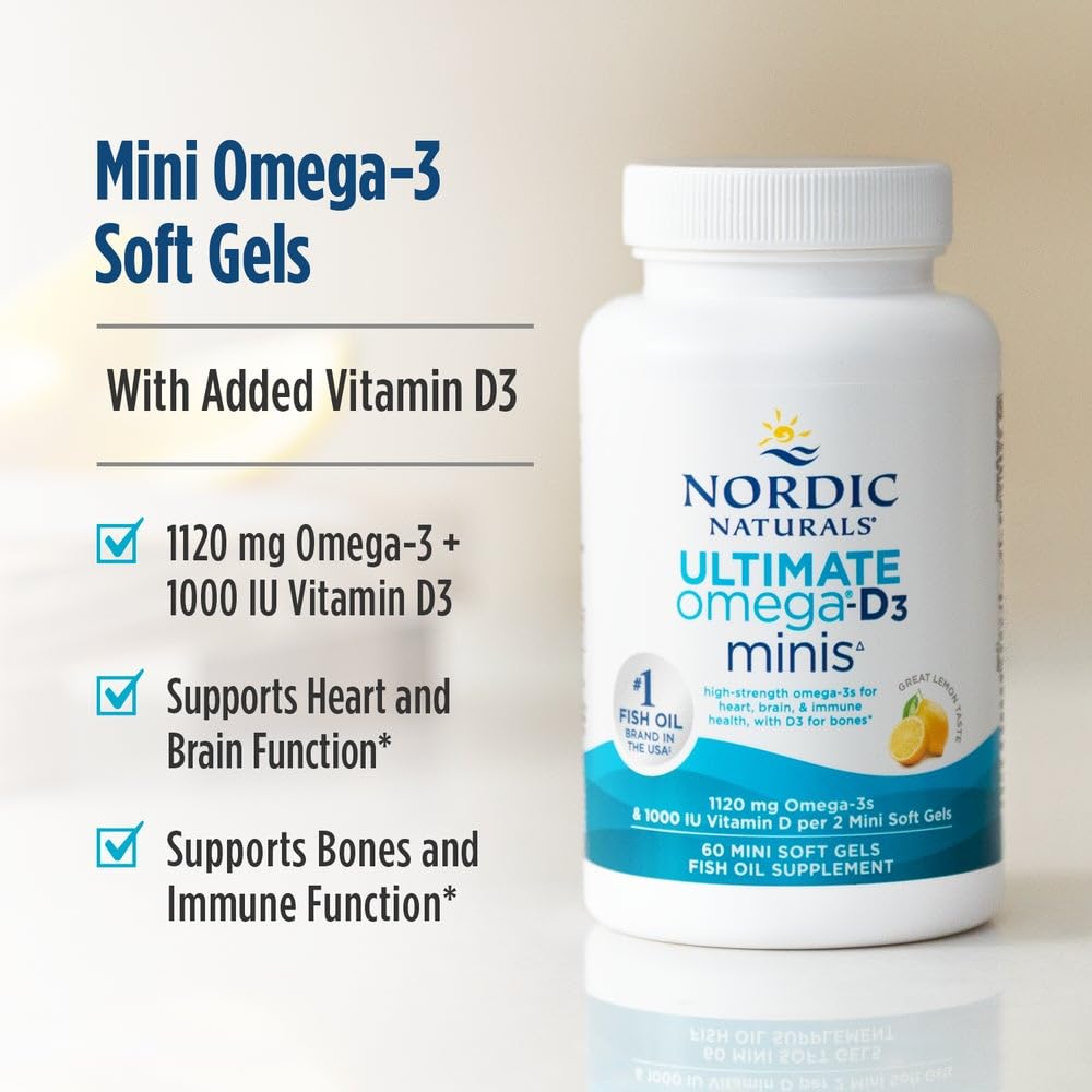 Nordic Naturals Ultimate Omega Mini D3, Lemon Flavor - 60 Mini Soft Gels - 1120 mg Omega-3 + 1000 IU Vitamin D3 - EPA & DHA - Promotes Brain & Heart Health - 30 Servings - TrustMedUSA