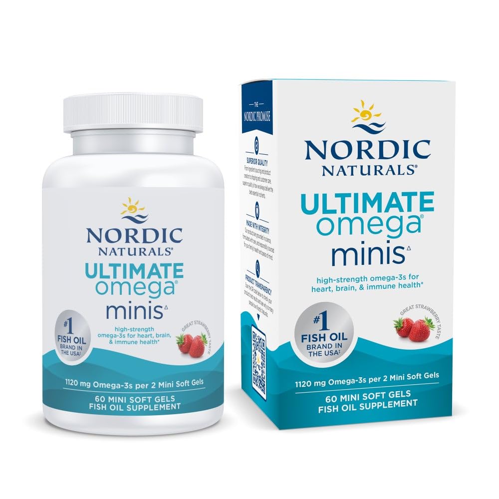 Nordic Naturals Ultimate Omega Minis, Strawberry Flavor - 60 Minis Soft Gels - 1120 mg Omega-3 - High-Potency Fish Oil Supplement - EPA & DHA - Promotes Brain & Heart Health - 30 Servings - TrustMedUSA