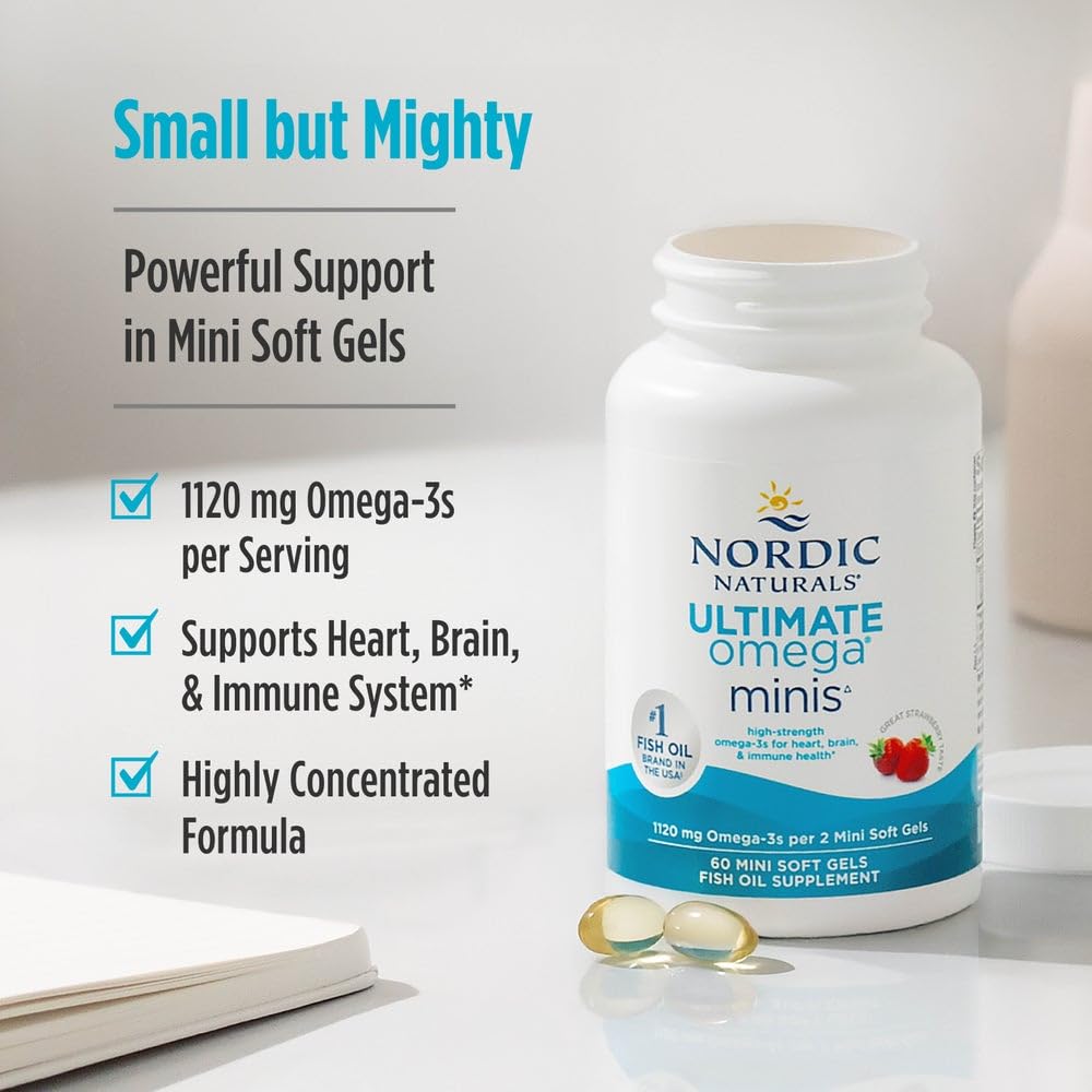Nordic Naturals Ultimate Omega Minis, Strawberry Flavor - 60 Minis Soft Gels - 1120 mg Omega-3 - High-Potency Fish Oil Supplement - EPA & DHA - Promotes Brain & Heart Health - 30 Servings - TrustMedUSA