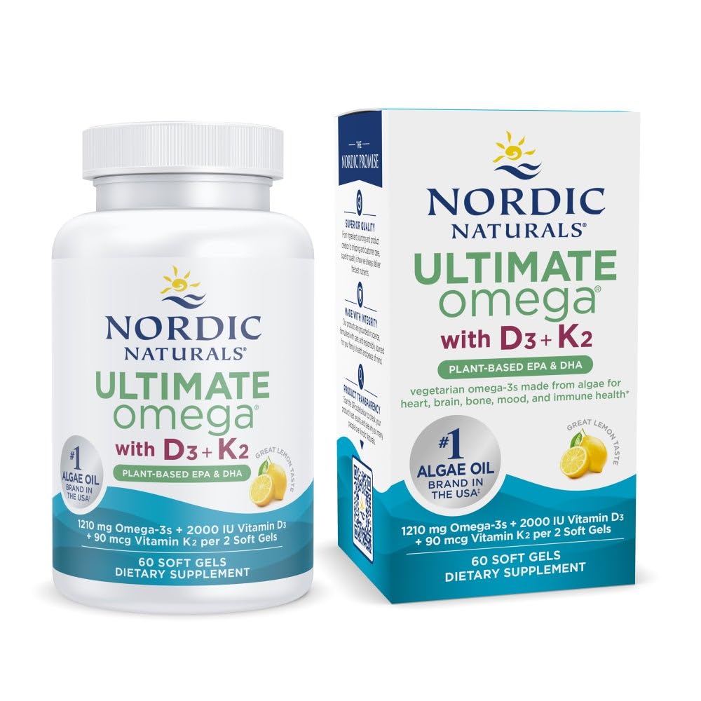 Nordic Naturals Ultimate Omega Plant Based Vitamin with Vitamin D3+K2-60 Vegetarian Soft Gels - 1210 mg Omega-3s Plus 2000 IU D3 and 90 mcg K2 - TrustMedUSA