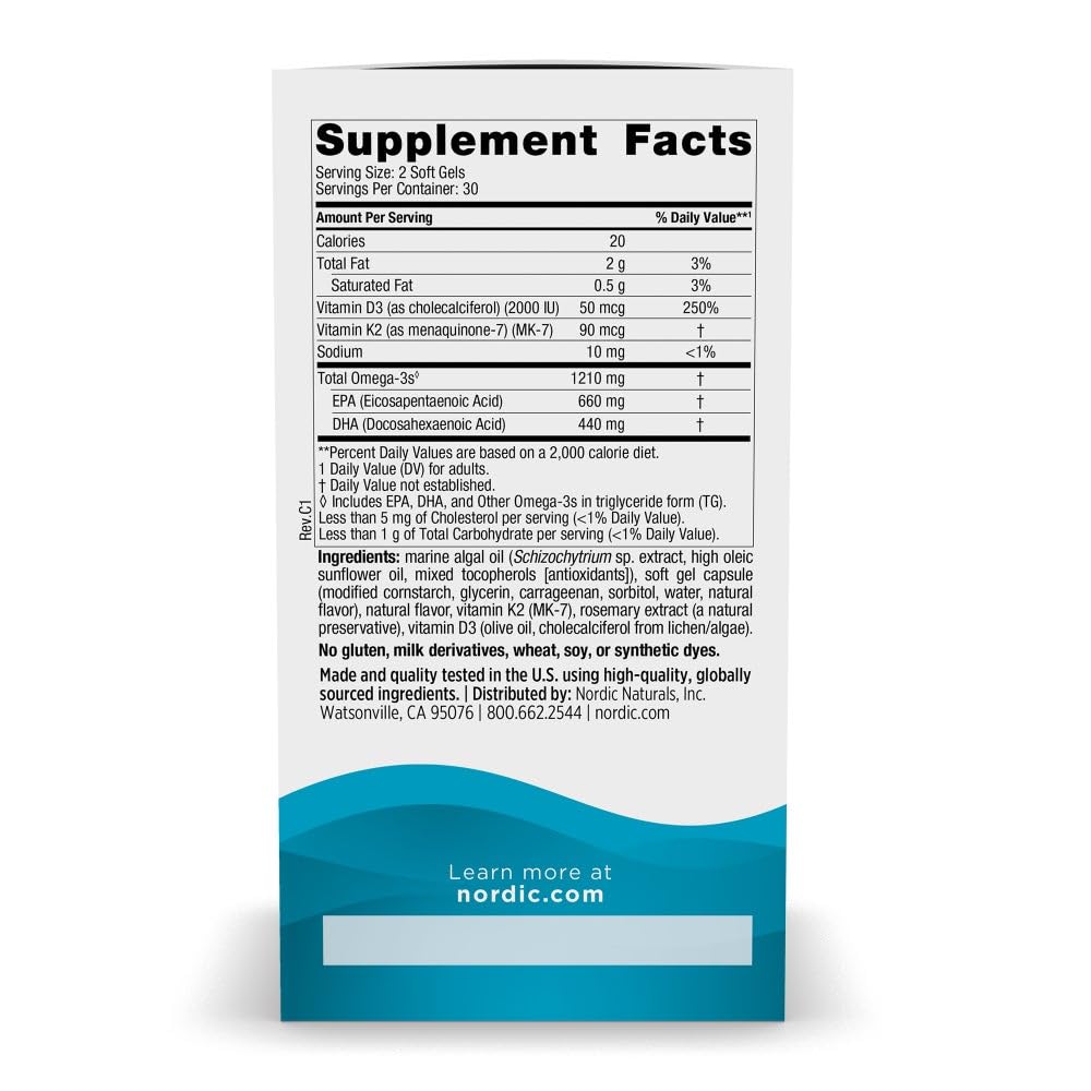 Nordic Naturals Ultimate Omega Plant Based Vitamin with Vitamin D3+K2-60 Vegetarian Soft Gels - 1210 mg Omega-3s Plus 2000 IU D3 and 90 mcg K2 - TrustMedUSA