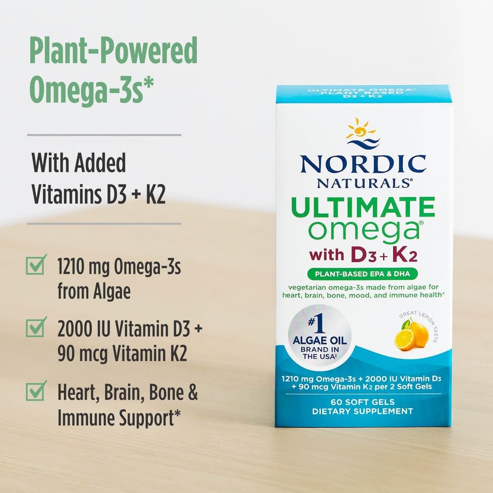 Nordic Naturals Ultimate Omega Plant Based Vitamin with Vitamin D3+K2-60 Vegetarian Soft Gels - 1210 mg Omega-3s Plus 2000 IU D3 and 90 mcg K2 - TrustMedUSA