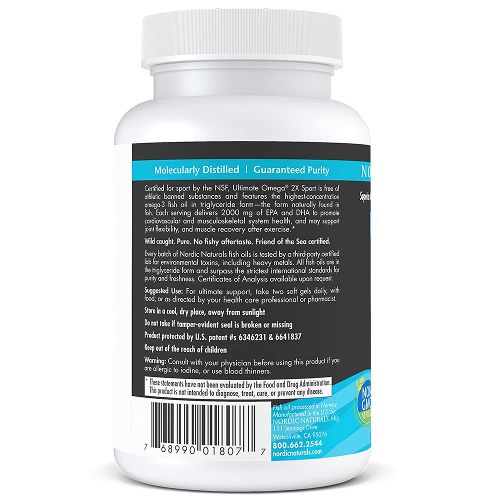 Nordic Naturals Ultimate Omega Sport 2X, Lemon Flavor - 60 Soft Gels - 2150 mg Omega-3 - NSF Certified Fish Oil with EPA & DHA - Heart & Muscle Health, Recovery - Non-GMO - 30 Servings - TrustMedUSA