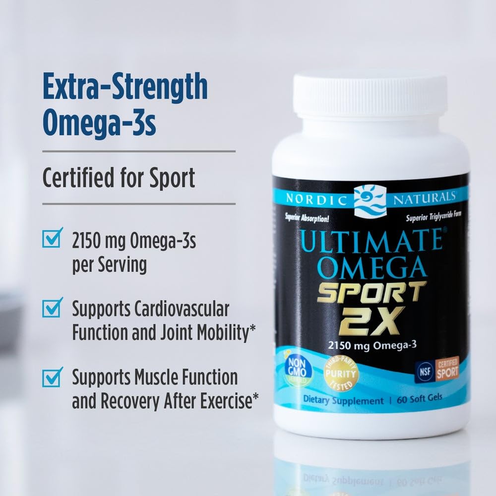 Nordic Naturals Ultimate Omega Sport 2X, Lemon Flavor - 60 Soft Gels - 2150 mg Omega-3 - NSF Certified Fish Oil with EPA & DHA - Heart & Muscle Health, Recovery - Non-GMO - 30 Servings - TrustMedUSA