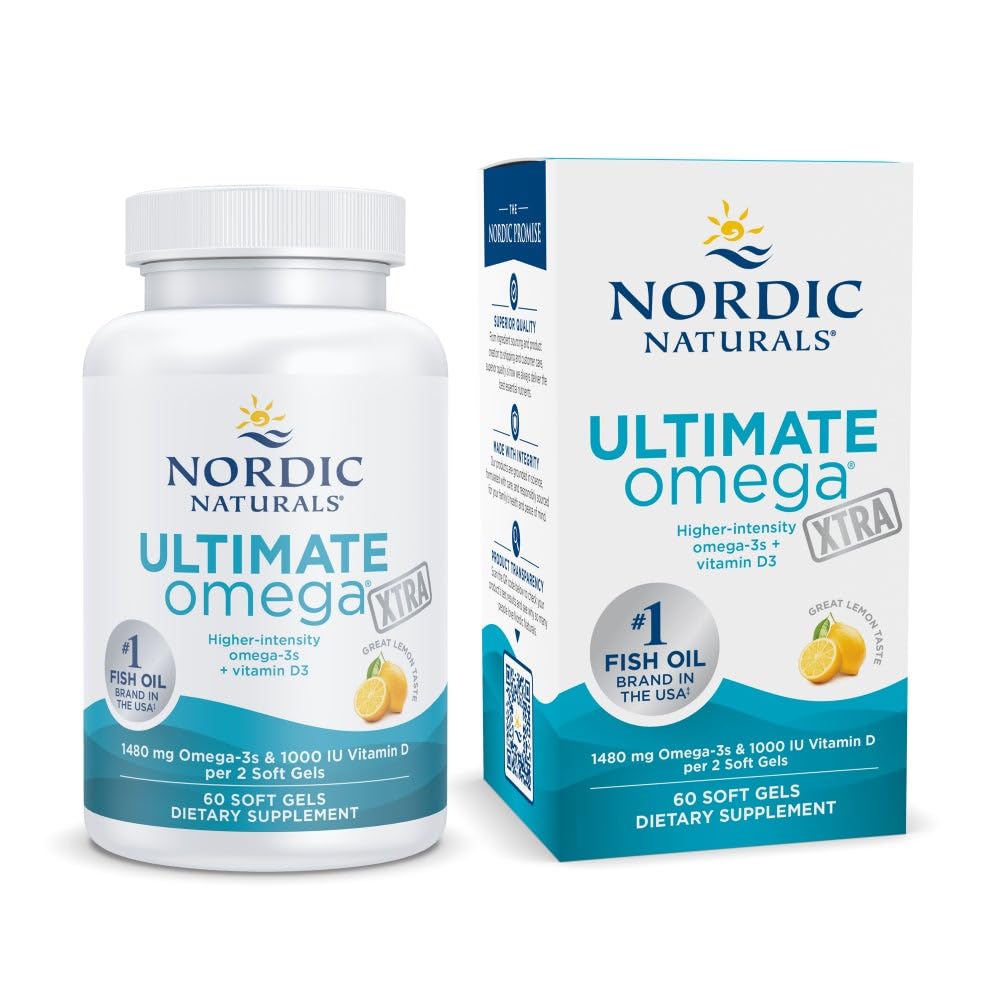 Nordic Naturals Ultimate Omega Xtra, Lemon Flavor - 60 Soft Gels - 1480 mg Omega-3 + 1000 IU Vitamin D3 - EPA & DHA - Brain, Heart, & Immune Health - 30 Servings - TrustMedUSA